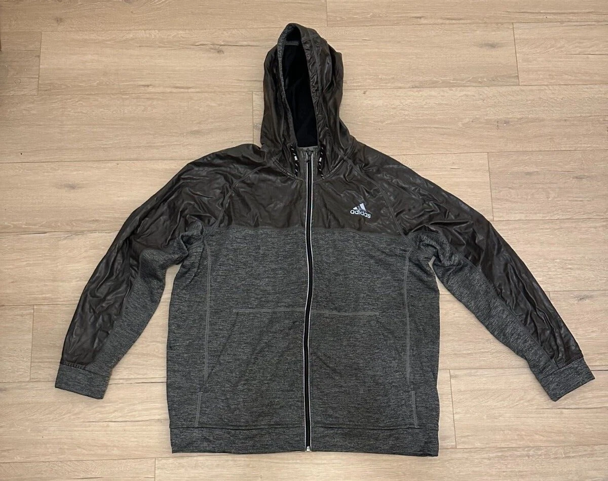 adidas Mens Full Zip Hoodie Jacket Climawarm Nylon Top Size 2X Green/Gray