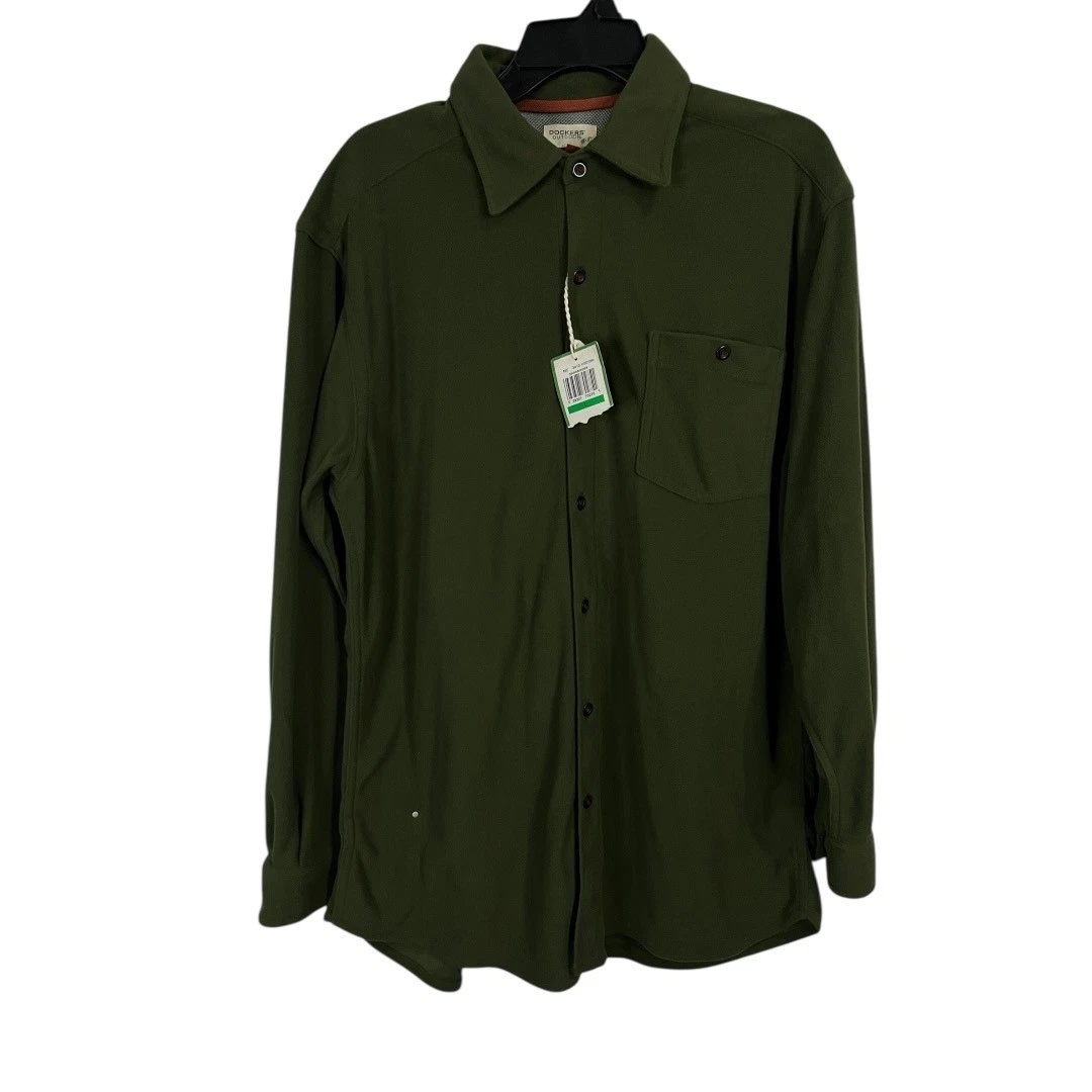NWT - Dockers Men's Outdoor Fleece Button Down Shirt Olive Green - Size Large