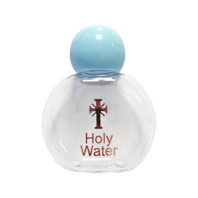 Weihwasserflasche leer wiederverwendbar Kunststoff rund Spender mit blauer Kappe 45ml