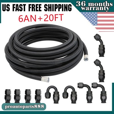 6AN AN6 20FT Fuel Line Hose Kit Nylon Stainless Steel Braided Oil 10 Fittings