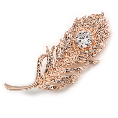 CZ/klare österreichische Kristall Pfauenfeder Brosche in roségoldfarbenem Metall - 7 cm