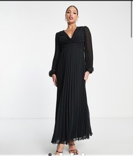 ASOS DESIGN Tall pleated bodice plunge neck midi dress in black US10 