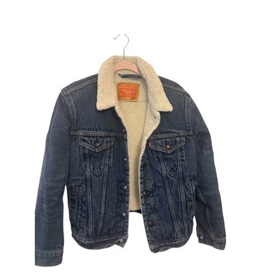Levis Sherpa Lined Denim Trucker Jacket Dark Wash Blue Mens Size S Small