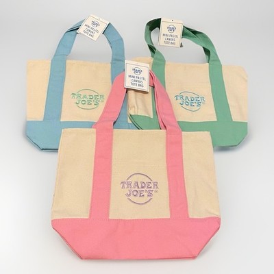 Set of 3 Trader Joe's  LIMITED  Mini Pastel Canvas Tote Pink/Green/BlueFoldable 