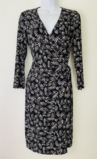 ANNE KLEIN Womens Black Geometric Fan Print Dress sz M Faux Wrap 3/4 Slv Stretch