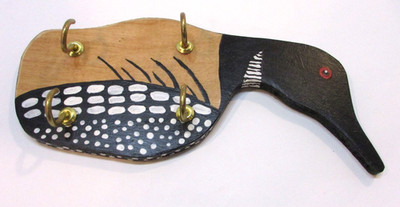 Retro 1990's Hand Painted Handcrafted Wood Loon Bird 4 Brass Hooks Wall Key Rack