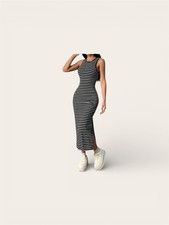 Ribbed Striped Sleeveless Midi Dress With Side Slit