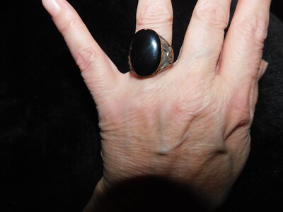 ELEGANT COPPER TONE DRESS RING SZ S ORNATE OUTER + BLACK OVAL INLAY