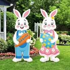 Easter Lawn 2pc Colorful Decoration Bunnies holding a Welcome and an Egg Sign