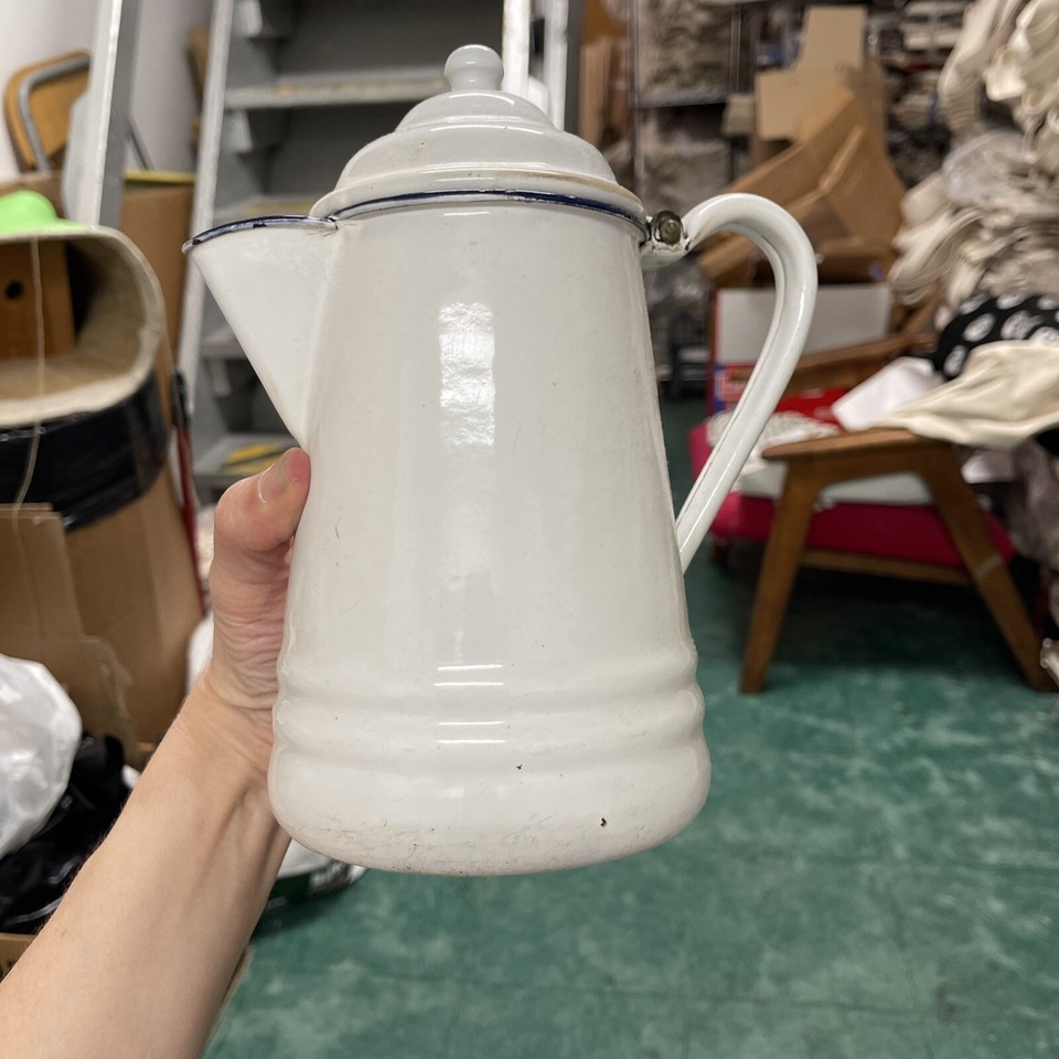 Vintage Metal Enamel Cowboy Coffee Pot Percolator White Black Trim