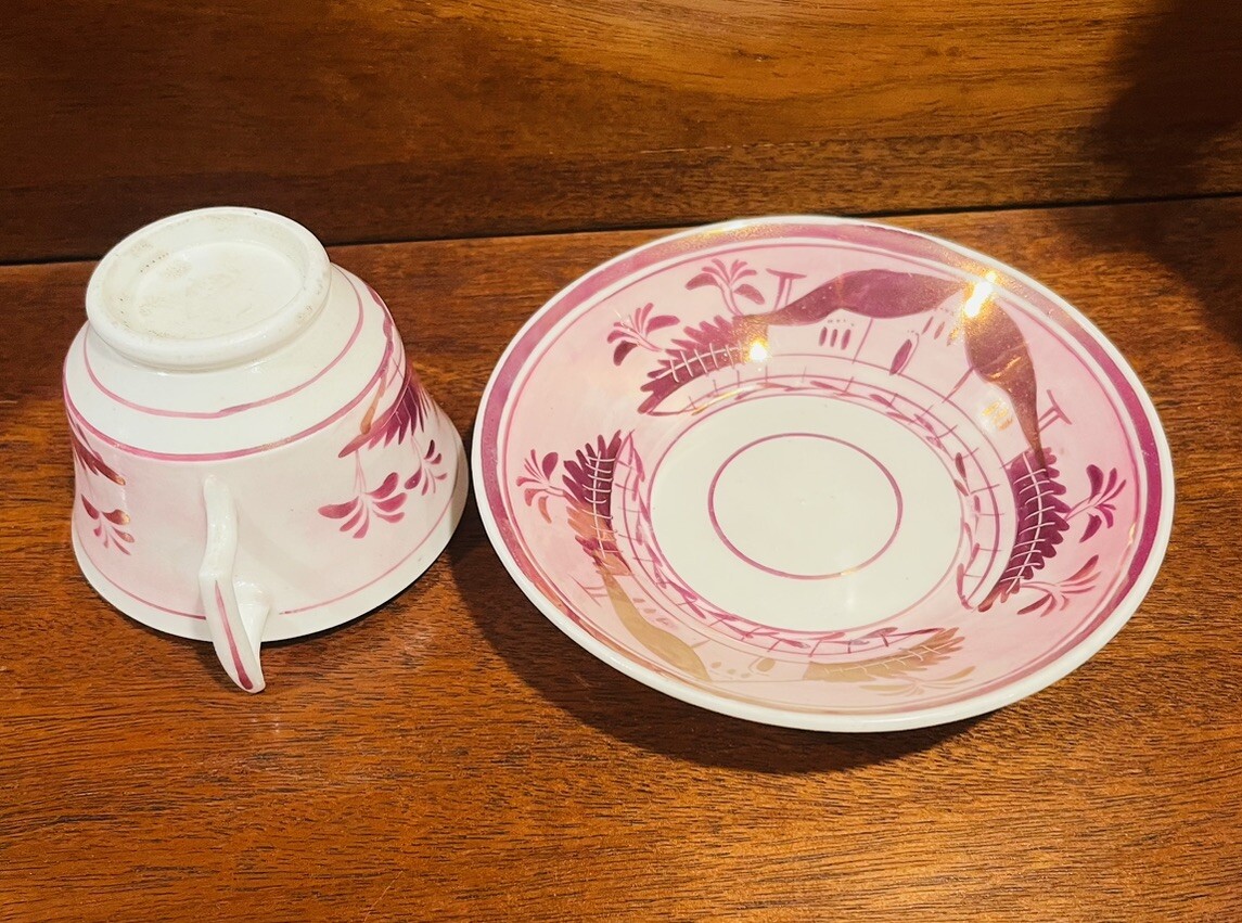 Antique Early 19th Century Pink Lusterware Teacup & Saucer Set