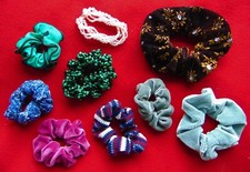 9 VINTAGE PONY TAIL SCRUNCHIES WITH ELASTIC: VELVET/BEADS/GLITTER MULTI-COLOR