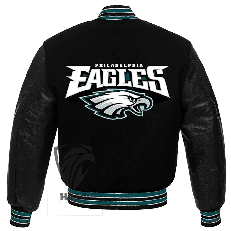 Chaqueta Letterman Philadelphia Varsity Negra Lana y Cuero Genuino Foto 4 de 4