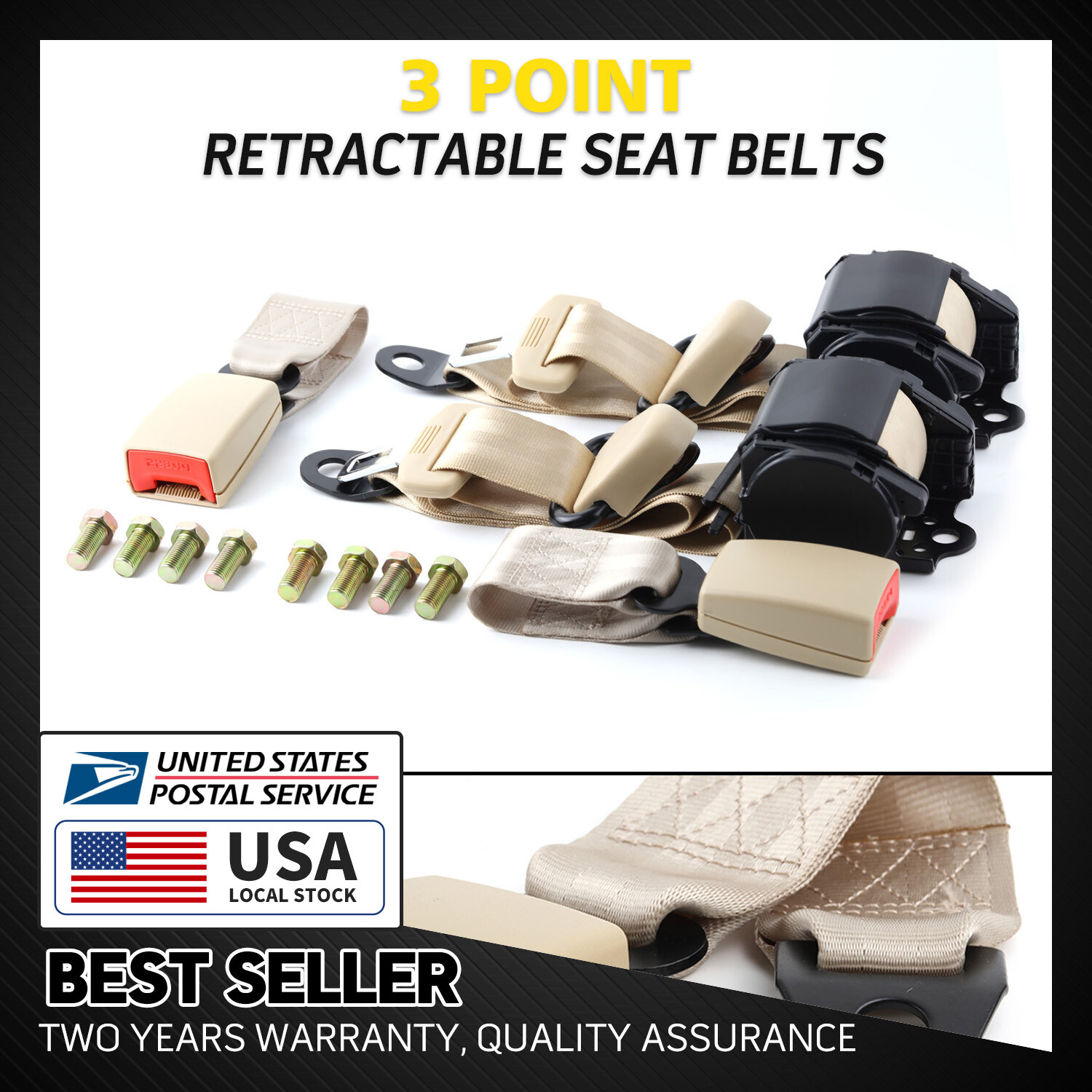 2 Sets Universal Adjustable 3 point Retractable Seat Belt Lap Belt Durable new