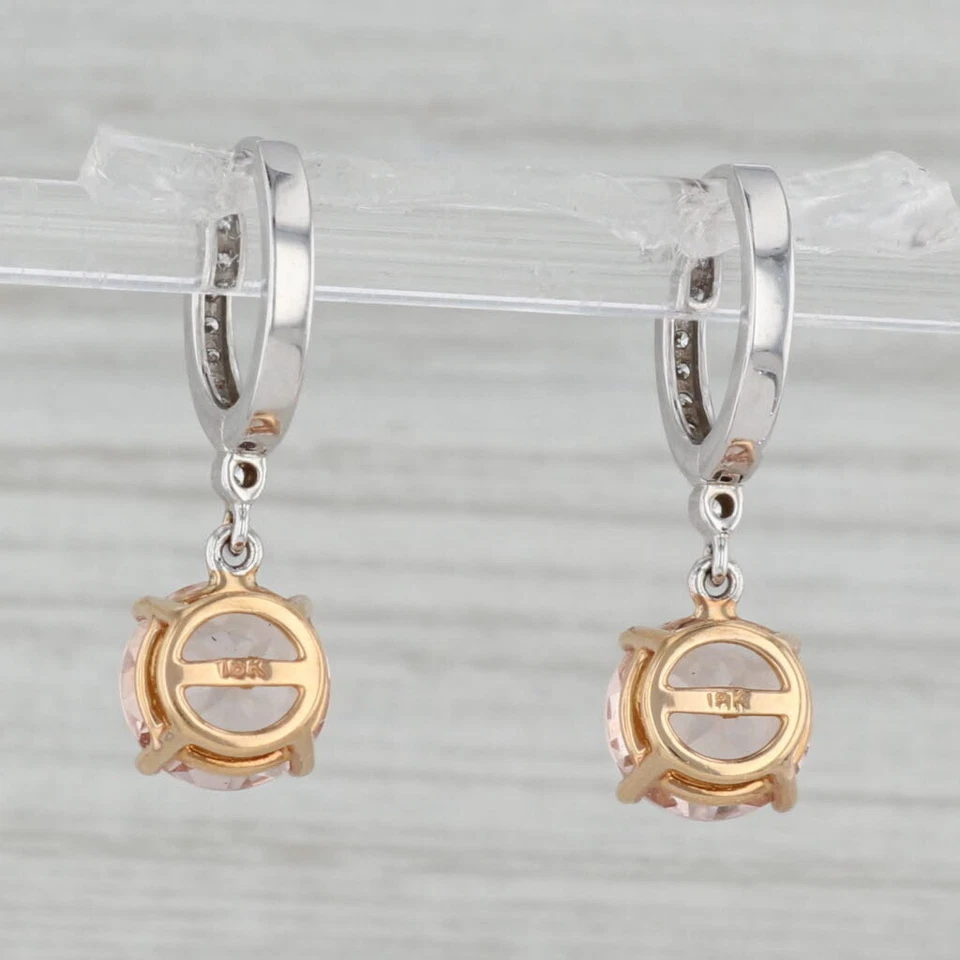 New 3.60ctw Morganite Drop Diamond Hoop Earrings 18k White Yellow Gold Snap Top - Image 3 of 4
