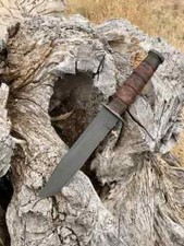 CUSTOM HANDMADE CARBON STEEL ACID WASHED HUNTING BOWIE KNIFE W/STACKED LEATHER