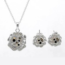 Leaf Clover Necklace Earrings set W/Genuine Crystal in 925 Sterling silver.