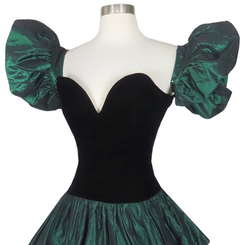 Vintage 80s Green Taffeta Black Velvet Bubble Full Skirt Prom Party Dress XXS XS - Picture 10 of 12