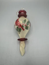 Vintage Hand Blown and Hand Painted Frosted w/Red Robin and Holly Ornament