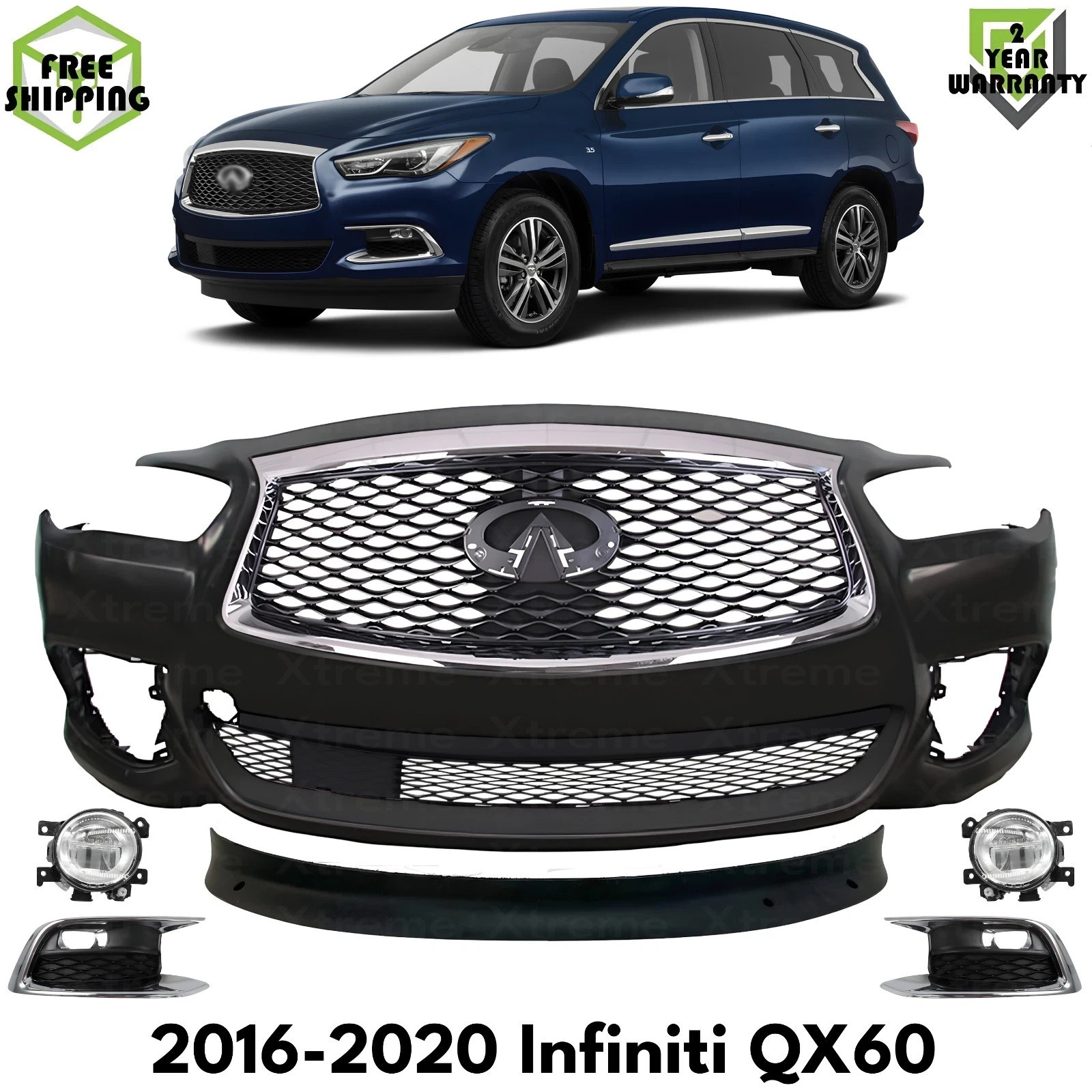 Front Bumper Cover Primed Plastic & Grille Assembly For 2016-2020 Infiniti QX60