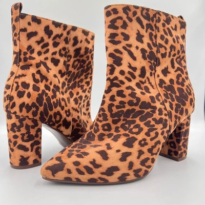 Justfab Womens Leopard Print wide Ankle Boots Pointed Toe Block Heel Brown 6.5 - Image 1 of 4