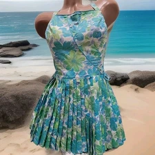 VTG'60s Bathing  Suit Dress Gabar 16 Built in Bra White Blue Green Daisy Print