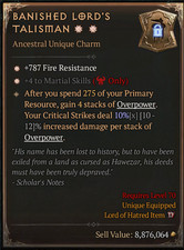 🔥Diablo 4 S13 Unique Charm [BANISHED LORD'S TALISMAN]2GA+4 to Martial Skills🔥