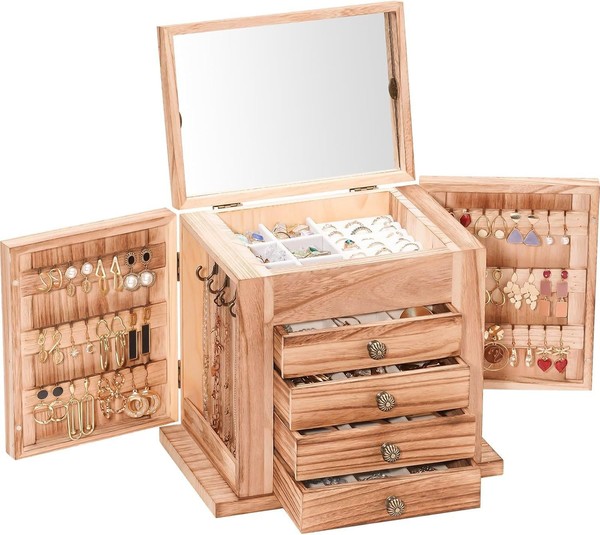 SchmuckkäStchen Holz Schmuckaufbewahrung Organizer Mit Spiegel Schubladen 5-image