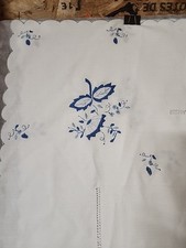 VINTAGE Blue And White Hand Embroidered Table Cloth 54x 65