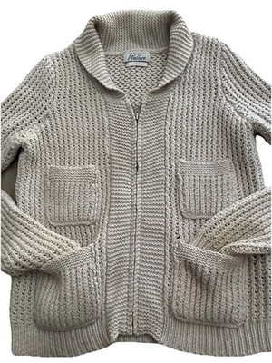 WALLACE Oatmeal Chunky Knit Zip Up Cardigan,patch Packets lambs wool small