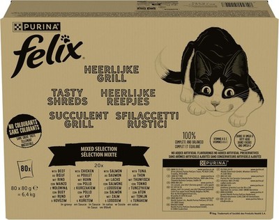 Felix Tasty Shreds Katzenfutter nass in Sauce Gemischte Vielfalt 4x20x80g