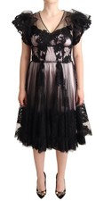 Dolce & Gabbana Black Pink Floral Lace A-line Midi Sheer Women's Dress Authentic