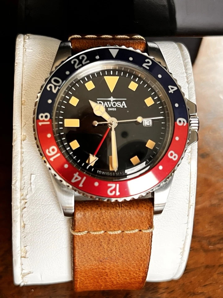 Davosa Swiss 1023-505 Pepsi Herren  Leder Vintage Diver Quarz FRY51 - Bild 3 von 4