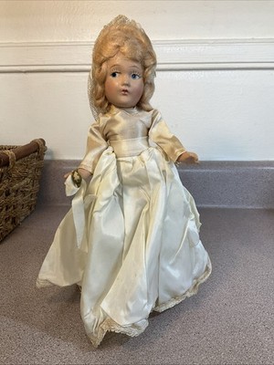 Vintage Composition Bride Doll, Side Glance Blue Eyes /Satin Dress 11'', Nice!