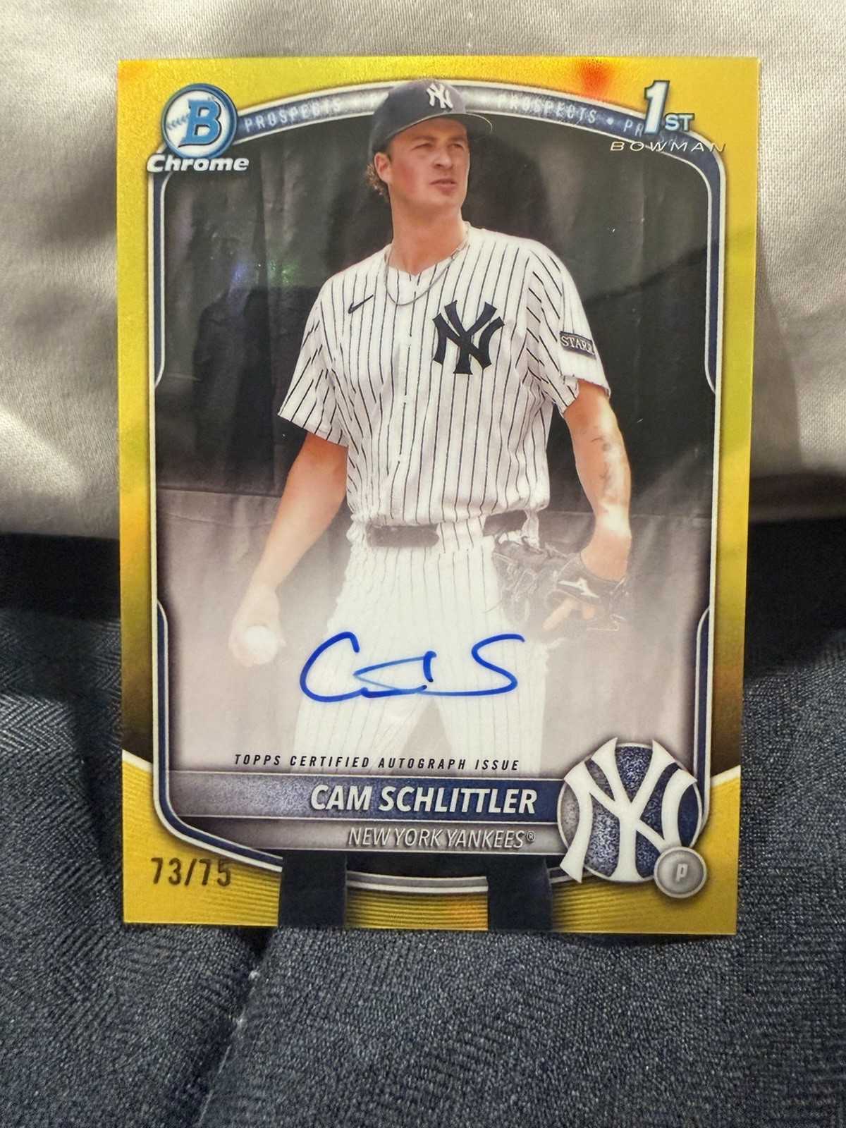 2025 Bowman Chrome Cam Schlittler Yellow Refractor Auto /75 1st RC Yankees
