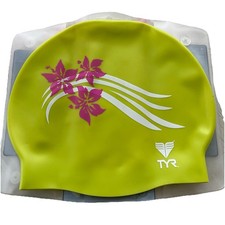 TYR Women's Silicone Swim Cap Yellow Green Pink Flowers Swimming Bathing Cap New