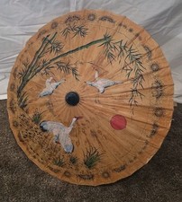 Vintage Asian Paper Parasol Umbrella Crane Bamboo Hand Painted 33" Decor