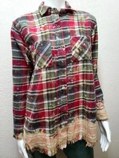 One 24 Rags Bleached Plaid Button-Up Flannel Women's Size M Red/Green/Tan