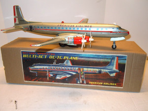 Big 1960 Japan Yonezawa Tin Battery Op AA  DC-7C Airplane w/BOX. WORKS. CLEAN