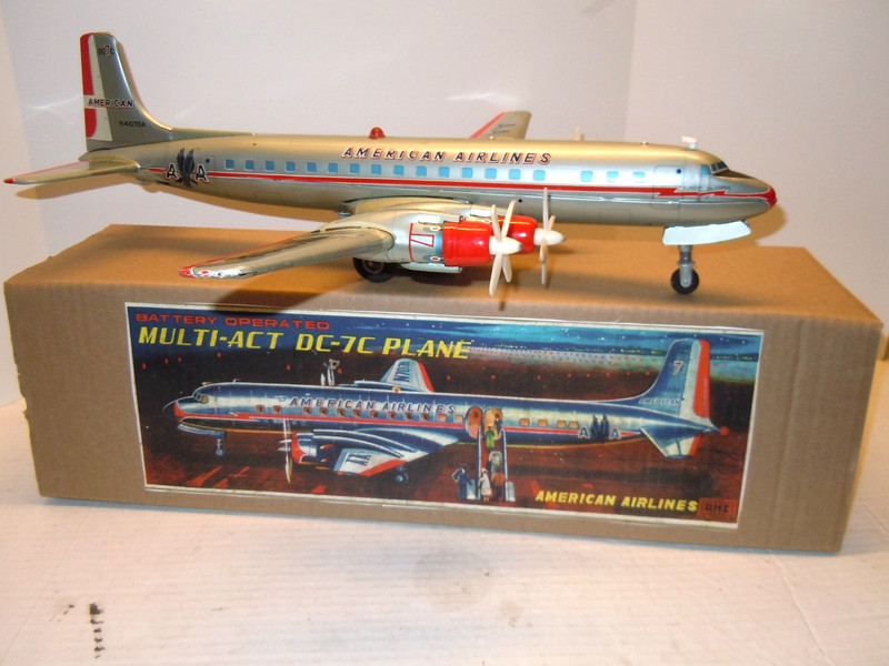 Big 1960 Japan Yonezawa Tin Battery Op AA  DC-7C Airplane w/BOX. WORKS. CLEAN