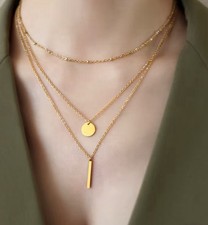 Women Gold Tone Layered Necklace Set 3 Layer Chain Coin Disc Bar Pendant UK