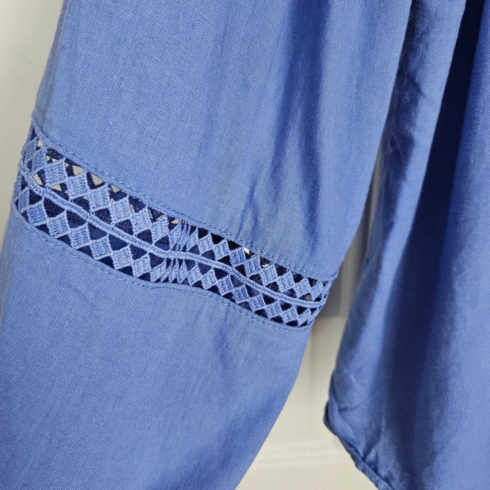 Matalan Blue Linen Blend Boho Blouse UK 14 Crochet Detail Top image 2