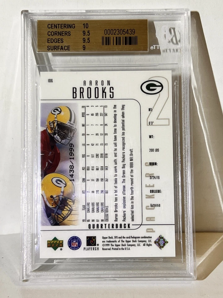 1999 UD SPx AARON BROOKS Rookie 1438/1999 RC #106 BGS 9.5 Green Bay Free Ship - Image 2 of 3