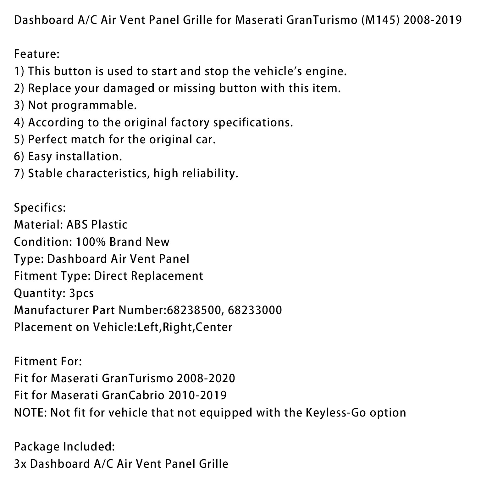 Dashboard A/C Air Vent Panel Grille for Maserati GranTurismo (M145) 2008-2019 T7