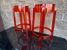 Pair Red Mid-Century Modern Polycarbonate Lucite Ghost Stools Starck Kartell