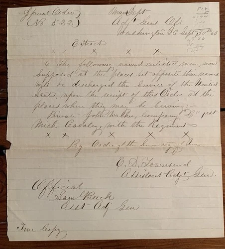 1st Michigan Cavalry Civil War Discharge Document John Walker Fort Bridger Utah