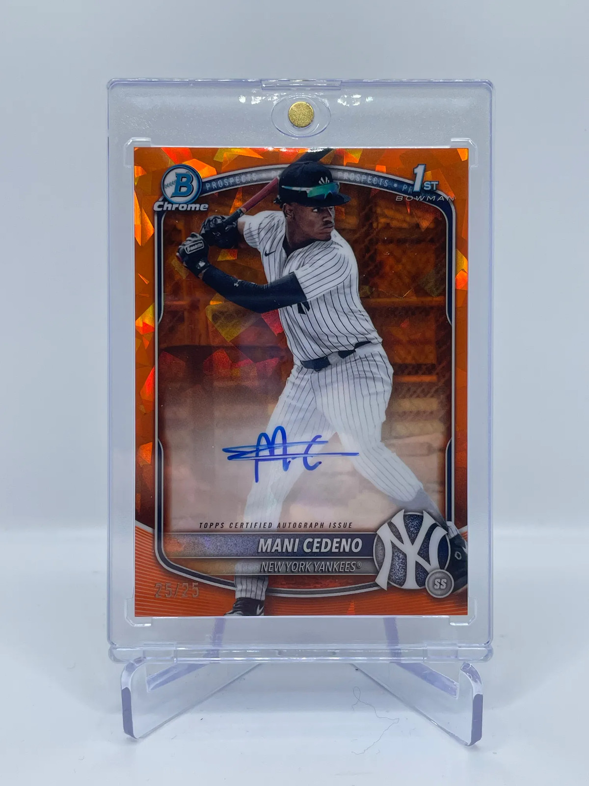 2025 BOWMAN CHROME MANI CEDENO SAPPHIRE 1ST PROSPECT AUTO ORANGE REF. /25 RC