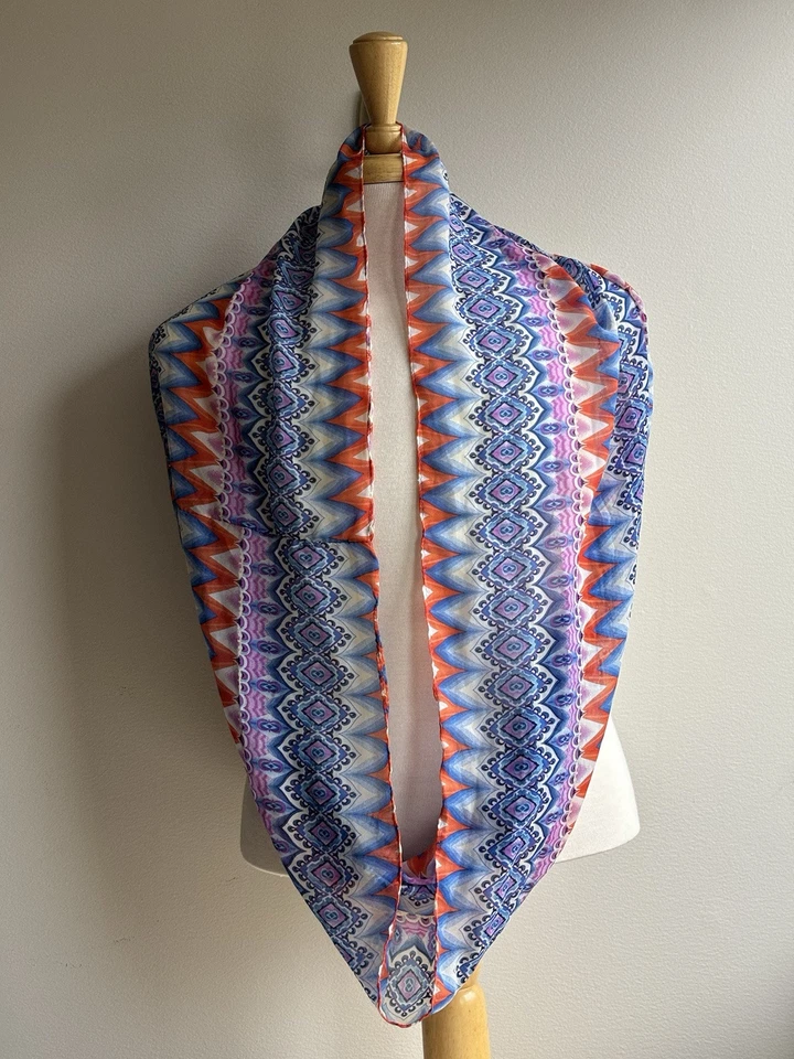 Vtg Infinity Scarf Bold Multi Col Geo Print Sheer Chiffon Retro Artsy 70s Boho - Image 4 of 4