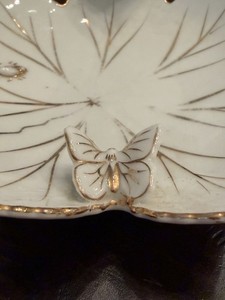 VINTAGE Porcelain Flower Butterfly Worm Ladybug Trinket Candy Dish GOLD Trim 3-D