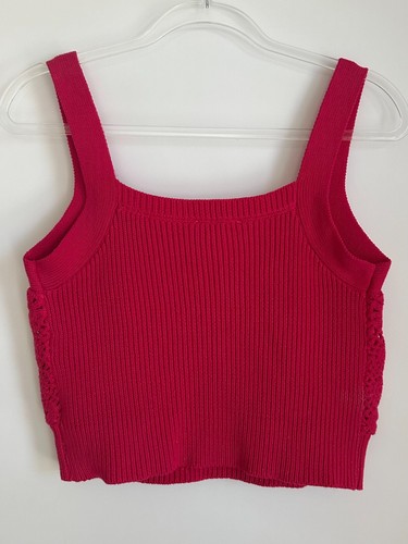 Camiseta sin mangas House of Harlow 1960 punto acanalado detalle ganchillo talla mediana rosa - Imagen 3 de 4